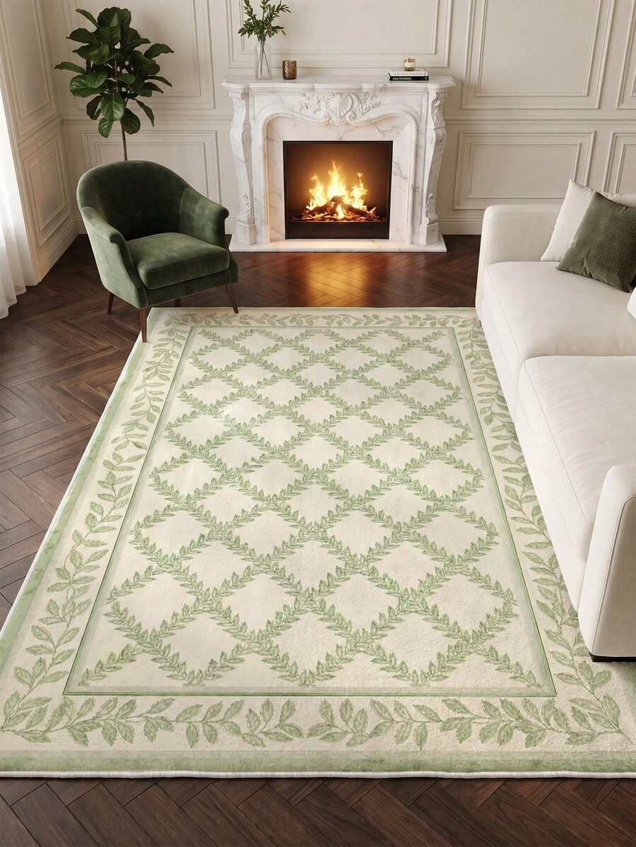 1pc Light Green Floral Plant Living Room Rug, Suitable For Kitchen, Dining Room, Bedroom, Holiday Decor, Indoor/Outdoor, Office, Lobby, Anti-Slip Doormat, Bathroom Rug, Hallway, Study, Gaming Area - Pastel Green - View 1