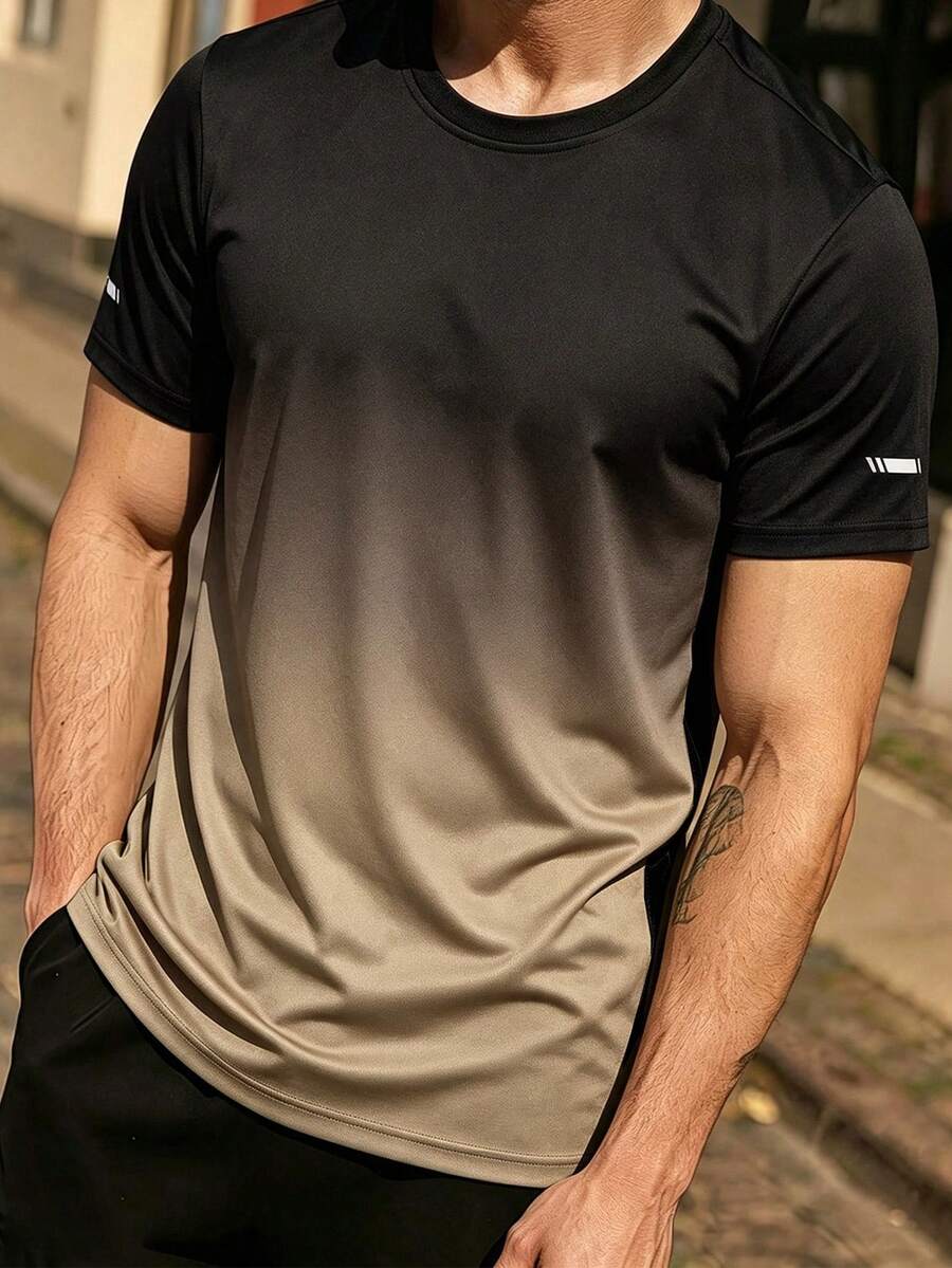 Kaos Olahraga Luar Ruangan Pria Desain Gradien Nyaman untuk Musim Panas Lengan Pendek - Khaki - View 1