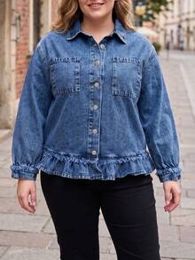 Women's Plus Size Traceable Cotton Ruffle Trim Elegant Denim Jacket Coat Autumn Top Casual - Blue - View 2