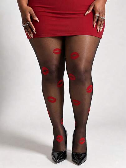 1 Pair Plus Size Friendly Black Sheer Red Lips Print Tights, Romantic Valentine's Day Patterned Stockings For Women
