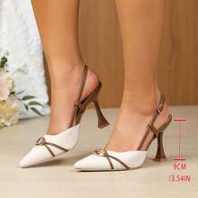 French Elegant Colorblock Pointed Toe Back Strap Metal Buckle Kitten Heel Closed Toe High Heel Sandals - Brown - View 7