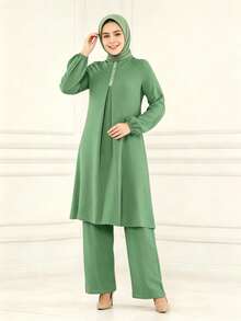 Women's Casual Style Solid Color Round Neck Blouse Top Paired With Loose Pants, Dignified And Appropriate 2-Piece Set Spring Fall - Green - View 3