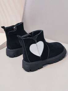 Korean Style Colorblock Heart Thermal Lined Ankle Boots Children's Thick Sole Anti-Slip Boots Side Zipper Winter Boots - Black - View 6