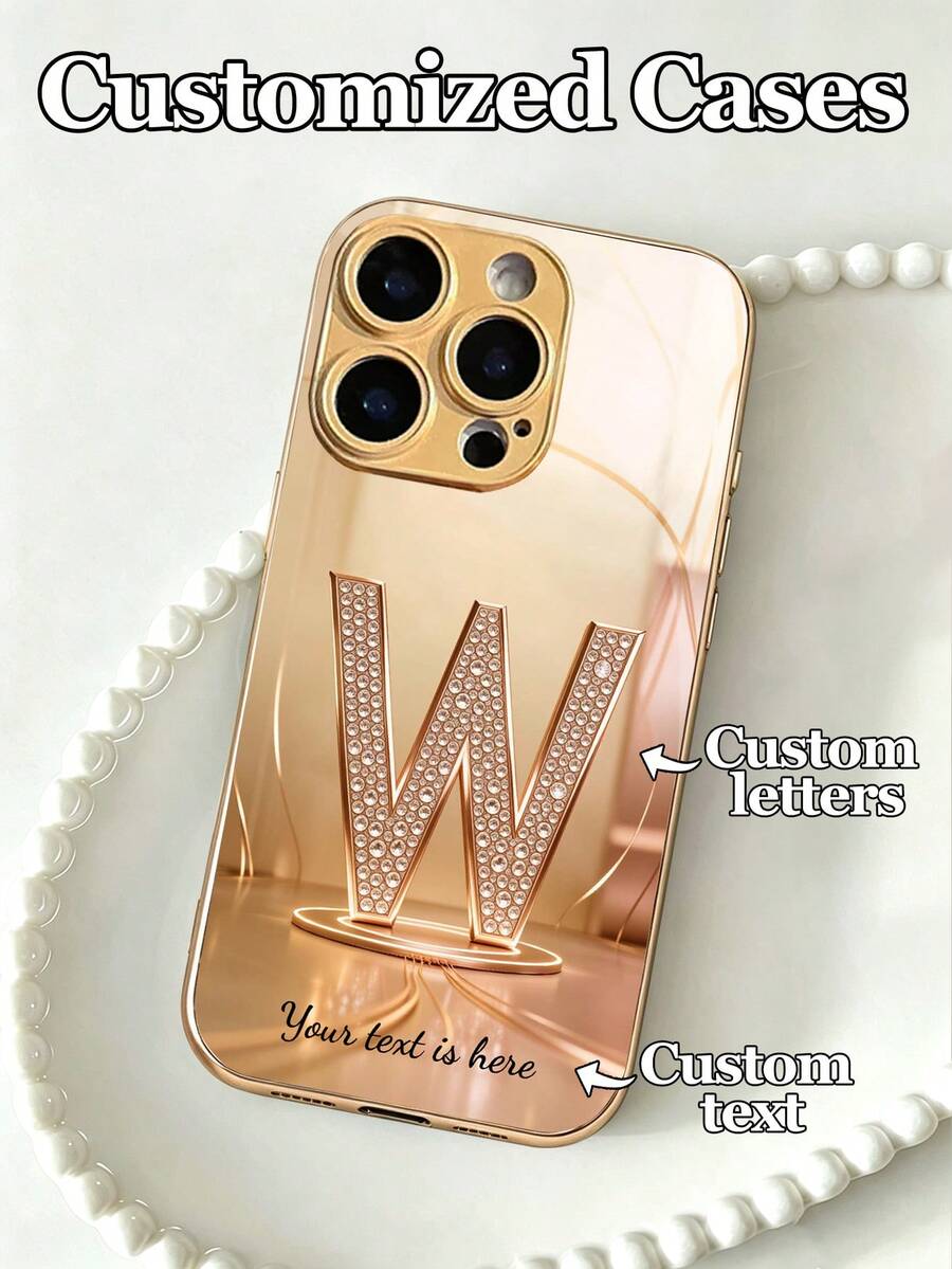 1pc Customizable Name & Rhinestone Texture 26 Alphabet Tempered Glass Phone Case, Compatible With Iphone 17 ProMax/17 Air/16 ProMax/15 Pro/14 Plus/13 Pro/12 Pro Max/11/Xs Max/8/7/6 Plus, S24 Ultra/S25 Ultra/A12, High-End Business Custom, Best Gift For Boyfriend, Girlfriend, And Family,International Version, Not The Domestic Version