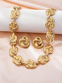 1 Set Fashion Minimalist Unique Elegant Versatile Premium Metal Style Women's Necklace & Earrings Jewelry Set, Suitable For Office And Other Occasions - Yellow Gold - View 4