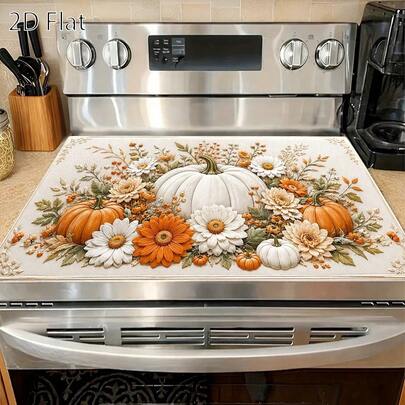 2D Flat Autumn Pumpkin Floral Stove Top Protector, Heat Resistant, Scratchproof, Fall Decorations For Home,Reusable Mat For Stove Top Cover For Electric Stove, Stove Burner Cover,Gas Stove Top Cover,House Essentials,Halloween Decor