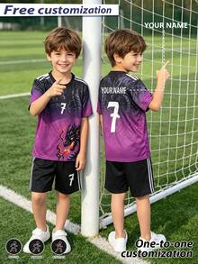 [Customized]Personalized Name Customization Celebrity Style #7 Number 2pcs Boys Girls Casual Soccer Jersey Set -Round Neck-Short Sleeve And Shorts Set- Polyester, Back To School Season Suitable For -Sports -Training And Casual Wear, Outdoor Perfect Choice - Purple - View 4