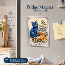 Vintage Blue Cat Fridge Magnet, Cute Aesthetic Kitchen Decor, Book & Tea Motif, Strong Magnetic Refrigerator Sticker For Cat Lovers, Unique Housewarming Gift - 1PC - View 3