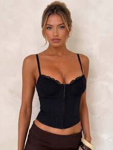 ApperlothPOP Women's Solid Color Vintage Gothic Corset Top Front Closure Lace Trim Spaghetti Strap Backless Outfit For Music Festivals,Halloween,Dates - Black - View 1
