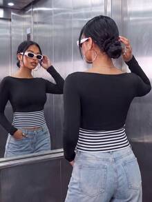 Women's Casual Boat Neck 2 In 1 Slim Fit Long Sleeve T-Shirt For Winter Fall Daily,Winter Fall Outfit,Winter Fall Clothes,Going Out,Cute - Black - View 3