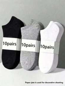 7 pares de calcetines cortos de algodón puro de unicolor, minimalistas y versátiles, de talla grande, para primavera y otoño, unisex - Negro - Ver 4