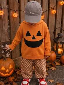 Boys Casual Solid Color Pumpkin Pattern Knit Pullover Hoodie Sweater Long Sleeve Suitable For Daily Wear Party Spring Autumn Winter - Orange - View 1