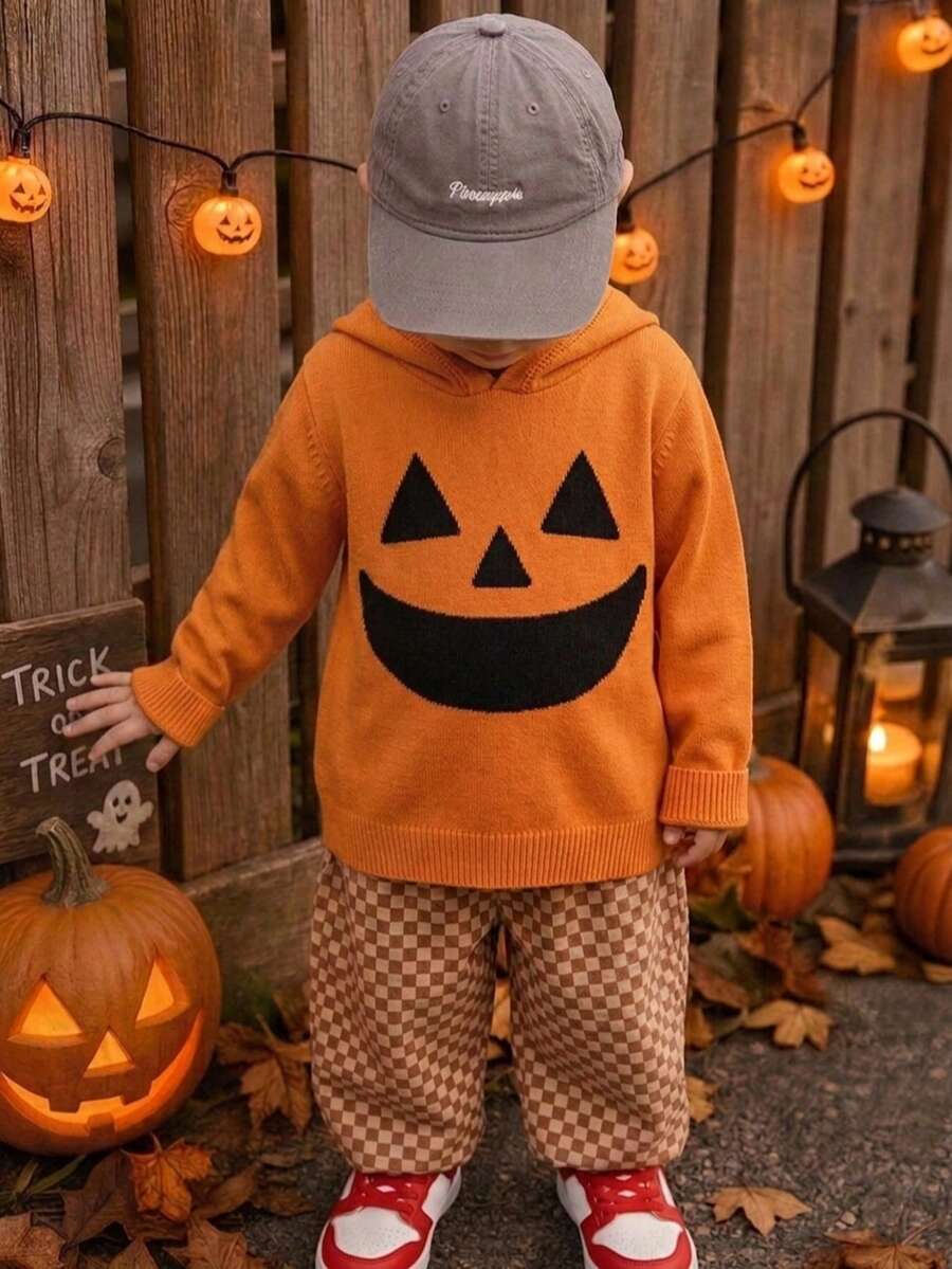 Boys Casual Solid Color Pumpkin Pattern Knit Pullover Hoodie Sweater Long Sleeve Suitable For Daily Wear Party Spring Autumn Winter - Orange - View 1