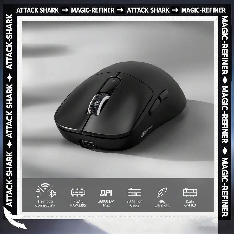 ATTACK SHARK X3 49g Ultra-Light Mouse, PixArt PAW3395 Gaming Sensor, Bluetooth/2.4G Wireless/Wired Gaming Mouse, 6 Adjustable DPI Levels Up To 26000, 200-Hour Battery Life, Office Mouse