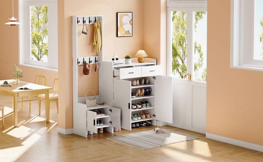 Hall Tree White With Storage With Drawers With Doors Made Of Wood For Entryway And Hallway - 白色 - 查看 1