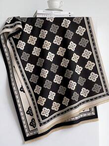 1PC Women's Autumn/Winter Double-Sided Faux Cashmere Floral Jacquard Warm Scarf Shawl, Suitable For Daily Wear - Black and White - View 4
