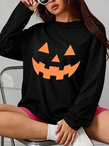 Plus Size Women's Halloween Pajamas, Pumpkin Smile Print Long Sleeve Top, Suitable For Sleeping, Sports, Home Wear, Autumn/Winter - Black - View 1