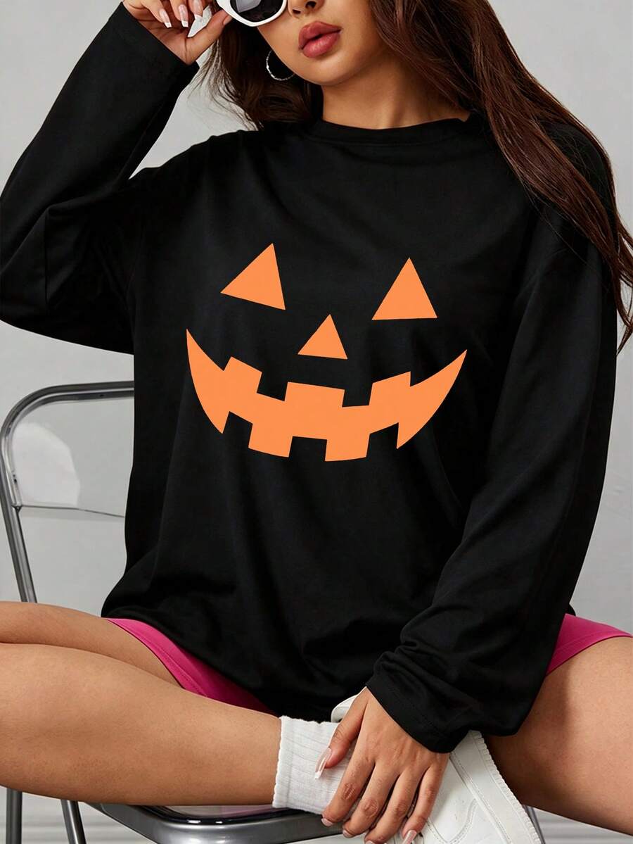 Plus Size Women's Halloween Pajamas, Pumpkin Smile Print Long Sleeve Top, Suitable For Sleeping, Sports, Home Wear, Autumn/Winter - Black - View 1