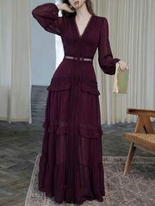 Women's Elegant Deep V-Neck Wedding Guest Long Sleeve Bohemian Vintage Fitted Lace Modest Dress, Fashionable Ruffle A-Line Hollow Out Dress Party - Redwood - View 1