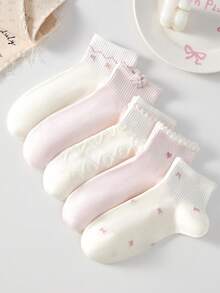 5雙女款可愛甜美透氣蝴蝶結愛心圖案短款隱形船襪，踝襪與短襪，白色襪子、粉色襪子，學院風，適合日常休閒穿著，適用於春夏秋冬 - 彩色 - 查看 11