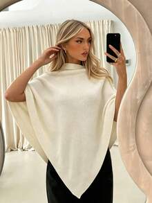 Women's Solid Color Loose Elegant Fashion Knit Shawl, All-Season Fabric, Versatile Fashion Accessory - Oyster White - View 4