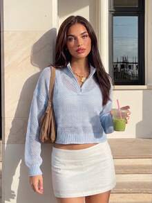 Women's Knit Sweater With Turn-Down Collar, Stand Collar, Multi-Wear Zipper, Minimalist Sporty Solid Color Hollow-Out Sheer Loose Casual Top For Spring, Autumn And Winter - Baby Blue - View 6