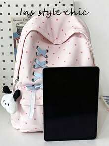 Small Polka Dot Contrast Color Ribbon Tie Backpack, Plush Puppy Charm Decoration, Waterproof Multi-Compartment Large Capacity, Sweet Ins Campus Style, Suitable For Students School, Daily Commute, Travel - Pink - View 6