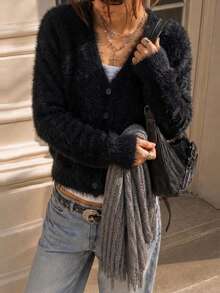 Women's Fall Winter Black Imitation Mink Knit Cardigan,V Neck Button Front Long Sleeve Sweater,Soft Daily Versatile Cardigan, Casual Vacation Outfit - Black - View 7