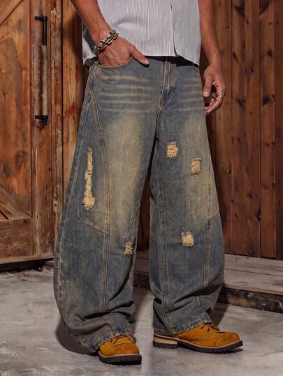 Men's Vintage Loose Barrel Banana Jeans, Unique Curved Split Patchwork Cut, Lightly Distressed Ripped Baggy Wide Leg Casual Versatile Denim Pants