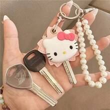 SANRIO 1pc Hello Kitty Keychain Key Cover With Pink Floral Pattern And Pearl Bracelet Strap, Small RFID Protective Card Holder, Cute Accessory Gift For Women's Backpack And Handbag Decoration - View 8
