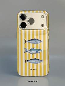 GIIPPA 1pc Yellow Striped & Fish Pattern Design Phone Case, Compatible With Phone 17 Pro Max, 16 Pro Max, 15 Pro Max, 14 Pro Max, Korean-Style High-End Fashion & Fun Phone Case, Suitable For 11/12/13/14/15/40 Pro Max Plus, Elegant Design For Men & Women, Perfect Gift For Girlfriend On Christmas, Valentine's Day, Easter, Wedding Season And Birthday! - Yellow - View 1