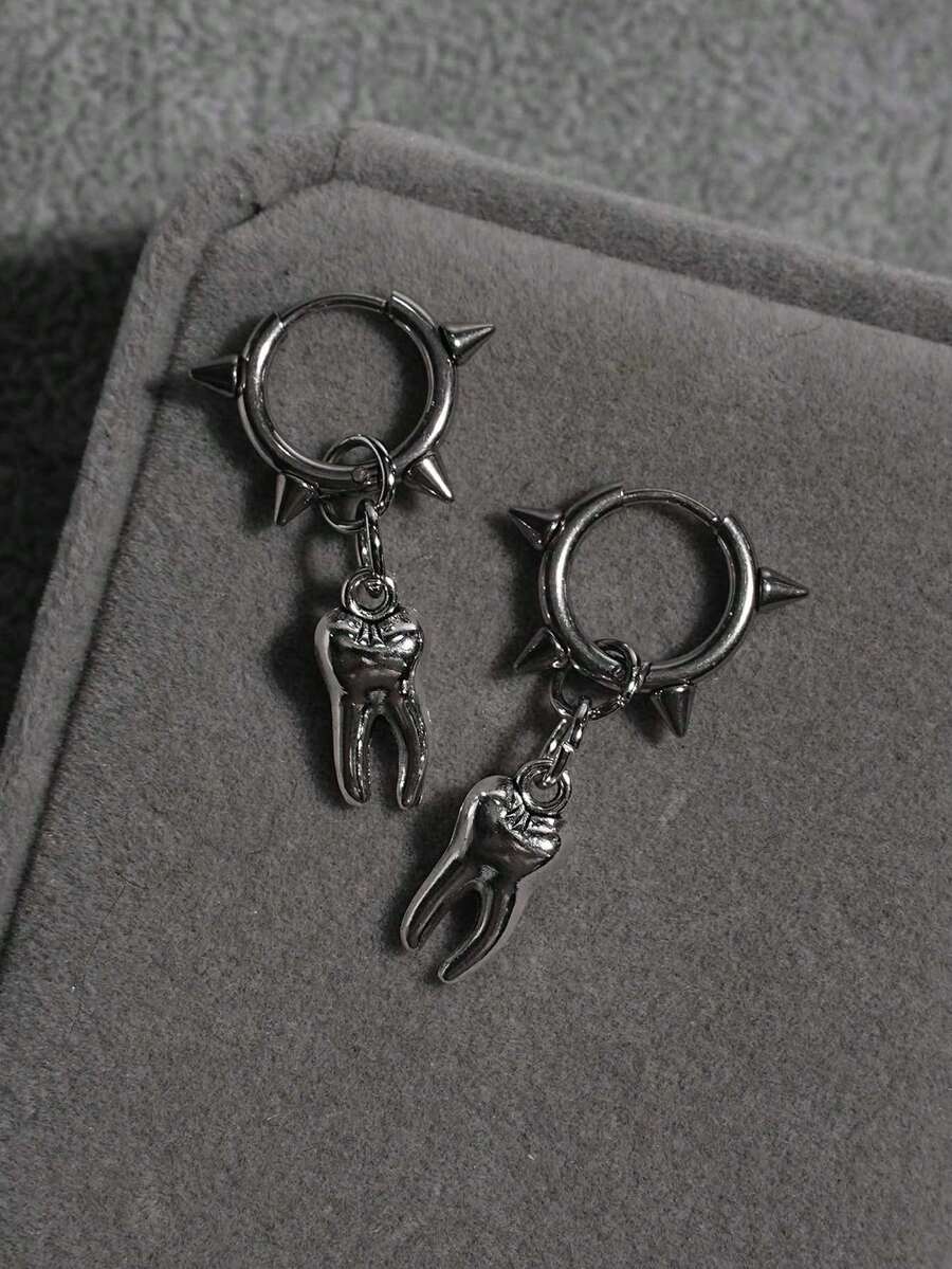 暗黑哥德風牙齒不鏽鋼鉚釘耳夾式耳飾,復古 Y2K 辣妹甜酷個性耳飾 - 銀色 - 查看 1