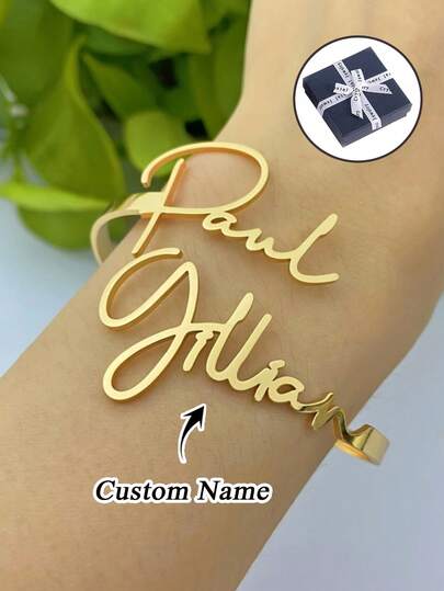 1 pieza [Personalizado] Pulsera de acero inoxidable chapada en oro de doble capa con nombre personalizado, diseño abierto con nombres arriba y abajo, pulsera de pareja con nombre, regalo de joyería personalizado, regalo de cumpleaños, regalo de vacaciones, regalo perfecto para amigos y familia, opción ideal para ella, regalo del Día de la Madre, regalo exclusivo para mamá (incluye pequeña caja de regalo, talla grande adecuado para regalos pequeños)