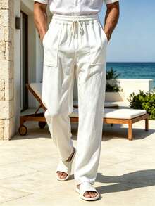 Men's Summer Casual Solid Color Linen Pants, Elastic Drawstring Waist, Large Pockets, Loose Wide Leg, Suitable For Daily Wear, Vacation, Slouchy, Versatile - White - View 2