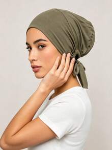 1pc Women's Solid Color Tie-Up Elastic Headscarf With Lining, Headwrap - Army Green Upgraded Version - View 3