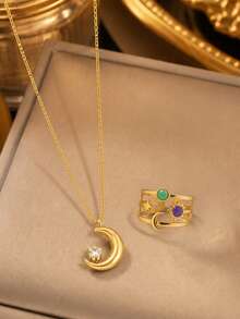 VceTd 3PCS Minimalist Fashion Style Stainless Steel Pendant Necklace With Moon Charm And Colorful Enamel Open Ring Jewelry Set For Women, Suitable For Evening Wear - Yellow Gold - View 5