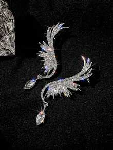 2pcs Korean Style Crystal Angel Wing Clip Earrings, Elegant & Shiny Crystal Winged Ear Cuffs, Luxury Bridal Wedding Rhinestone Earrings For Women - Multicolor - View 2