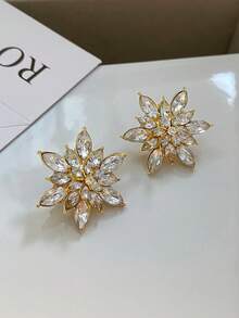 1 Pair Elegant Elegant Full Rhinestone Glass Snowflake Flower Stud Earrings Suitable For Women Holiday Party Gathering - Yellow Gold - View 6