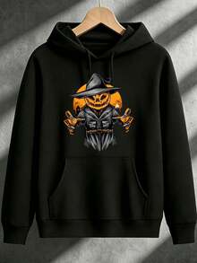 1Pack Of Halloween Men's Casual Hoodies,Printed With A Pumpkin Scarecrow Pattern,Soft And Loose,Equipped With Front And Back Pockets,Suitable For Back - 黑色 - 查看 8