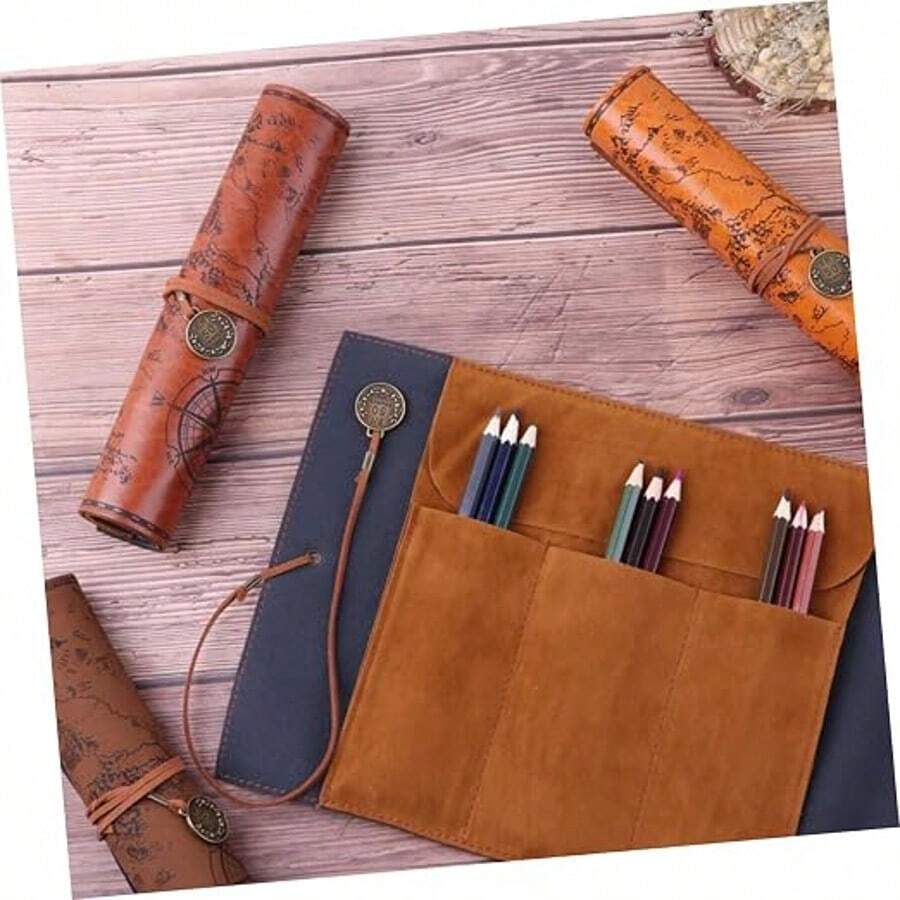 Vintage PU Leather Pencil Case Set, Large Capacity Sketching Pencil Bag, Art Supplies Makeup Bag, Roll-Up Design For Students And Travelers - Multicolor - View 1
