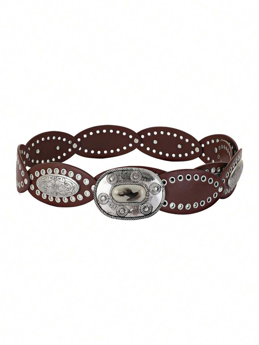 1pc Women's Smooth Buckle Chain Decor Vintage Artistic Waist Belt, Brown Versatile Leather Belt For Men And Women - Waistband - View 1