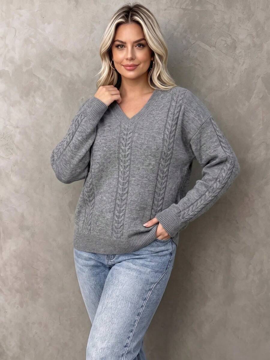 Women's Cable Knit V-Neck Sweater, Long Sleeve Regular Fit Knit Top, Medium Stretch Fabric, Fashion Solid Color Pullover - Grey - View 1