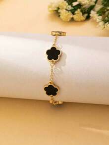 2pcs/Set Fashion Classic Style Bracelet | Black & White Lucky Clover Bracelet Combination | Suitable For Daily Wear And Gifting, Couple Gift - Multicolor - View 4