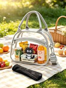 Insulated Lunch Bag With "Everything Is Fine" Print, Coffee Cup Design Portable Transparent Lunch Bag, PVC Material, Fashionable Portable Lunch Box Bag, Large Capacity Lunch Bag, Lunch Bag For Office Workers And Students, Multi-Functional Travel Storage Bag, Suitable For All Seasons, Reusable Transparent Snack Storage Tote Bag, Suitable For Outdoor Picnic Camping Travel, Includes Matching Utensil Storage Bag - Multicolor - View 1