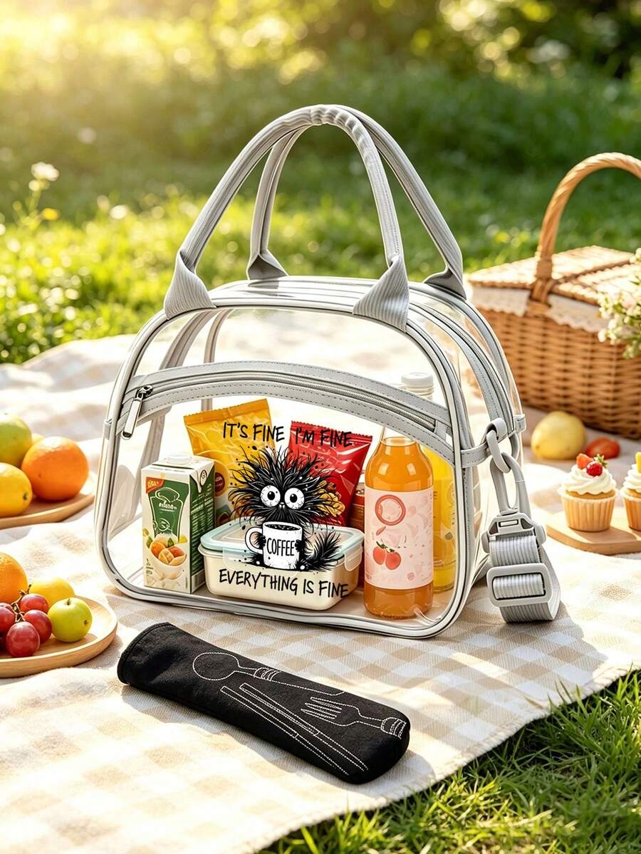 Insulated Lunch Bag With "Everything Is Fine" Print, Coffee Cup Design Portable Transparent Lunch Bag, PVC Material, Fashionable Portable Lunch Box Bag, Large Capacity Lunch Bag, Lunch Bag For Office Workers And Students, Multi-Functional Travel Storage Bag, Suitable For All Seasons, Reusable Transparent Snack Storage Tote Bag, Suitable For Outdoor Picnic Camping Travel, Includes Matching Utensil Storage Bag - Multicolor - View 1
