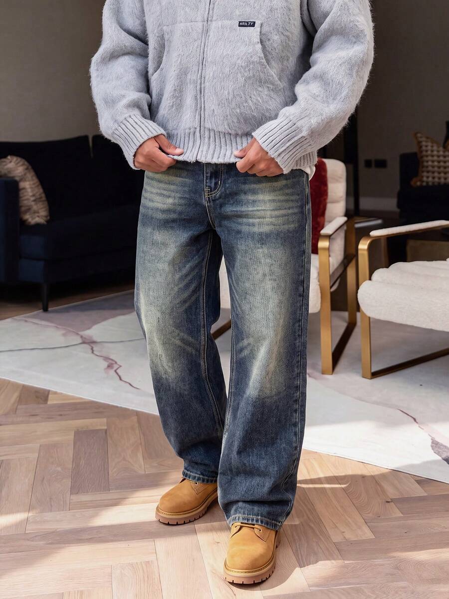 Men's American Vintage Washed Loose Straight Leg Jeans, Retro Layered Horizontal Cat Whisker Faded Distressed Wash Denim Pants, Streetwear Relaxed High Street Jeans - Medium Wash - View 1