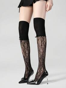 1 Pair Sweet Cool Y2K Hot Girl Style Over-The-Knee Socks, Contrast Lace Bow Long Tube Socks, Sexy Black Sheer Socks - Multicolor - View 6