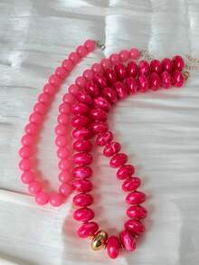 2/1pc Fashion Elegant Graceful Casual Vintage Fairy Style Pink Blue Green Geometric Pattern Resin Beaded Necklace Set For Women, Vacation Party Date Travel Shopping Beach Seaside Banquet Daily Wear Versatile Combination - Pink - View 5