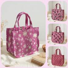 1 buah Tas Tote Corduroy Motif Kartun, Penutup Kancing Jepret, Tas Tangan Lucu, Tas Bekal Makan Siang yang Dapat Digunakan Kembali untuk Siswa, Sekolah, dan Belanja Sehari-hari di Luar Ruangan - Hot Pink - View 1