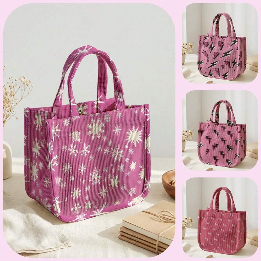1 buah Tas Tote Corduroy Motif Kartun, Penutup Kancing Jepret, Tas Tangan Lucu, Tas Bekal Makan Siang yang Dapat Digunakan Kembali untuk Siswa, Sekolah, dan Belanja Sehari-hari di Luar Ruangan - Hot Pink - View 1